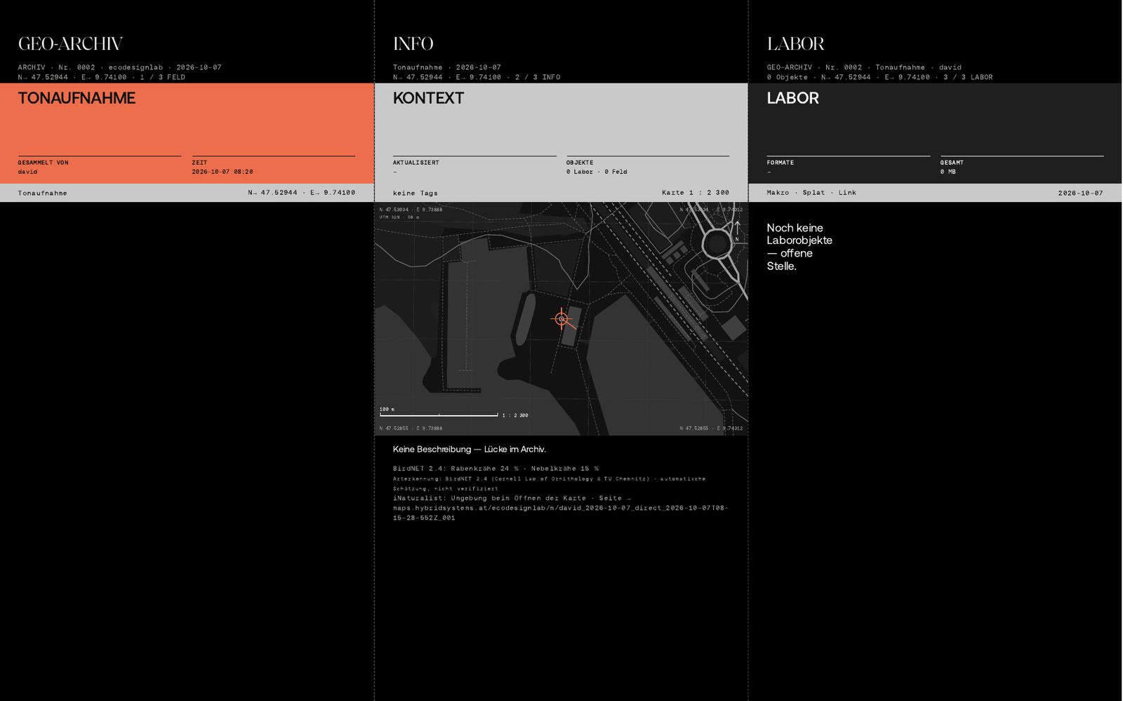 Fold-out A3, page 1, of the crow marker: field, info and lab panels with the vector map excerpt