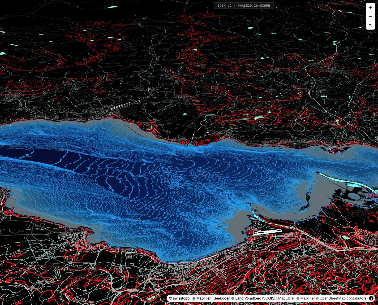 The bed of Lake Constance as terrain in perspective, with hillshade, depth lines and depth colour ramp