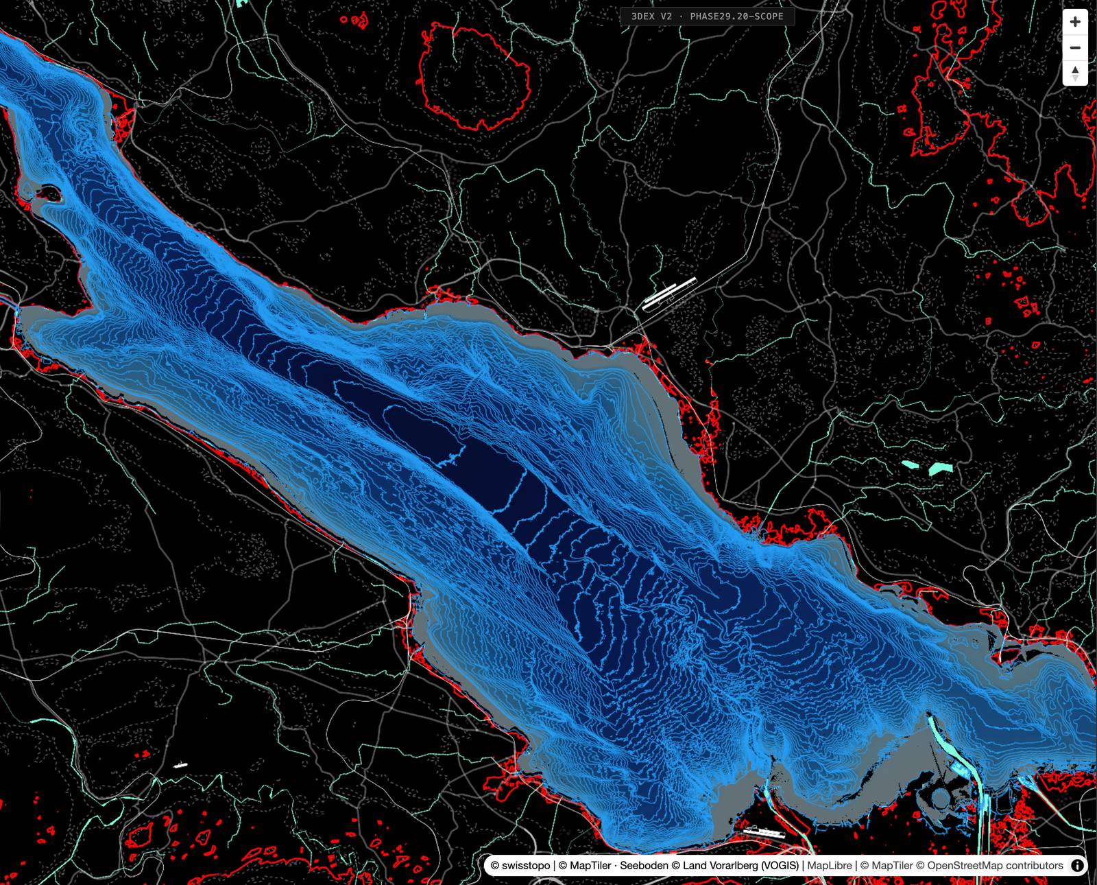 The bed of Lake Constance in top view with depth lines