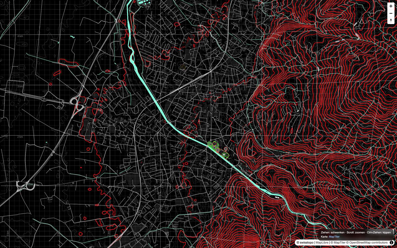 The Ecodesignlab course map over Dornbirn: contour lines, the river, metric grid and markers