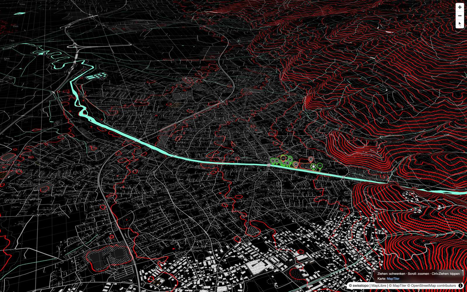 The Ecodesignlab course map over Dornbirn in 3D with trails and markers
