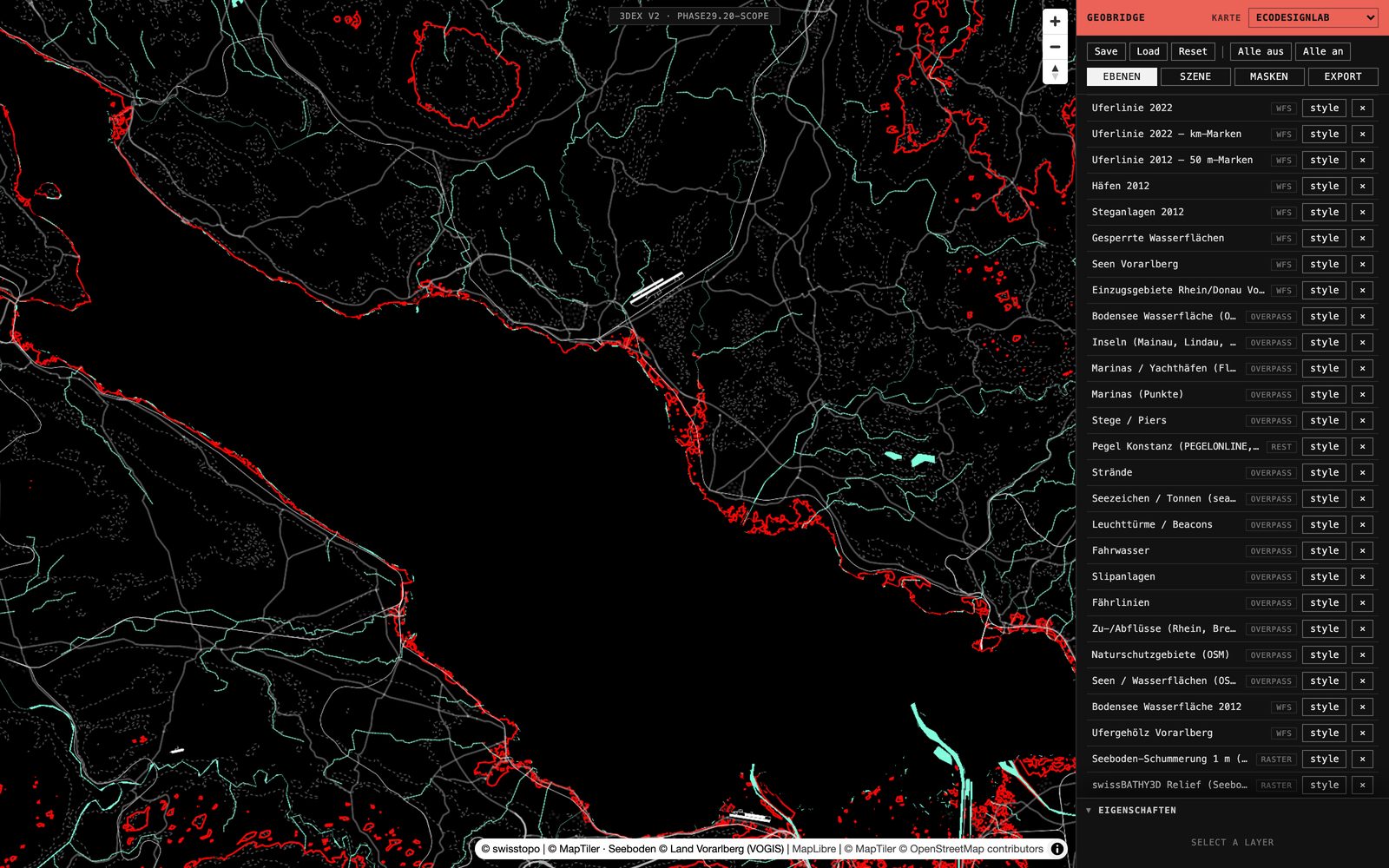 The course-map editor with its layer list: VOGIS, Lake Constance catalogue and mask layers