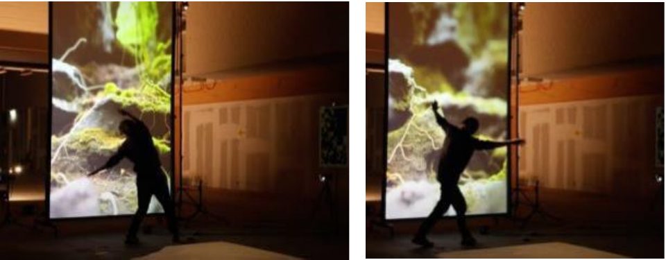 Two moments of a participant moving in front of a large screen showing generated moss forms